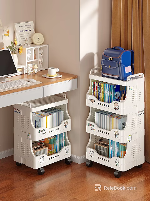Organized Room Setup With Desk Computer Storage Shelves Books And Backpack 3d model 