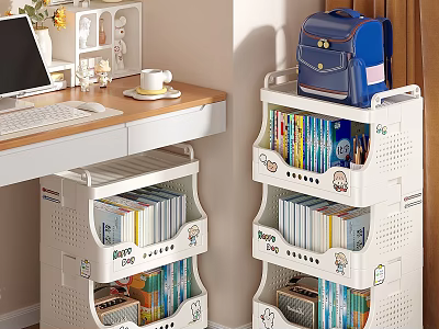 Organized Room Setup With Desk Computer Storage Shelves Books And Backpack 3d model