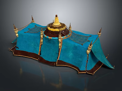 Decorative Furniture With Blue Fabric Golden Accents Tent Like Design And Wooden Base 3d model