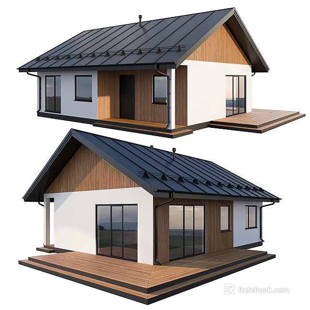 Modern House Exterior Design With Black Roof Wooden Accents Large Glass Windows And Wooden Deck 3d model 