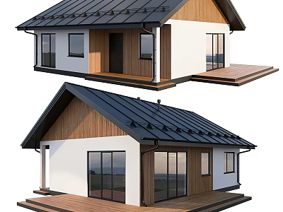 Modern House Exterior Design With Black Roof Wooden Accents Large Glass Windows And Wooden Deck 3d model