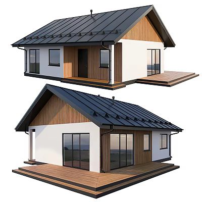 Modern House Exterior Design With Black Roof Wooden Accents Large Glass Windows And Wooden Deck 3d model