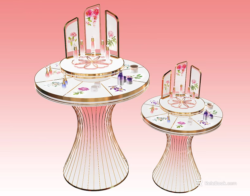 Round Display Shelves with Floral Patterns Pink Gradient Striped Base for Cosmetics 3d model