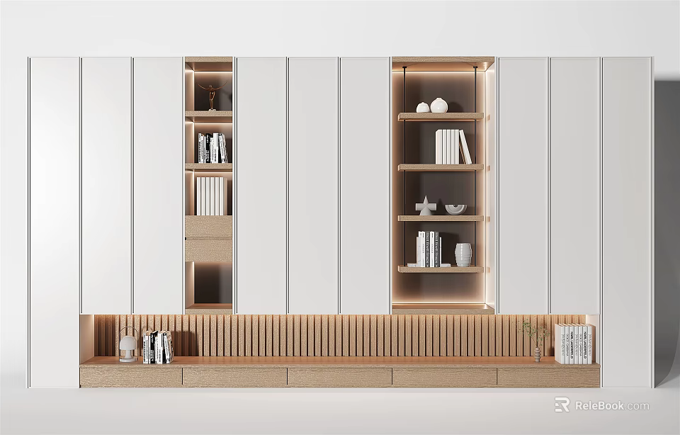 Modern Wooden Bookcase Design With Lighted Shelves White Panels And Decorative Items 3d model 