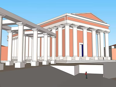 Historic Classical Ancient Architecture With White Colonnade Red Walls And Blue Door 3d model