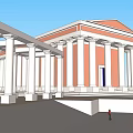 Historic Classical Ancient Architecture With White Colonnade Red Walls And Blue Door