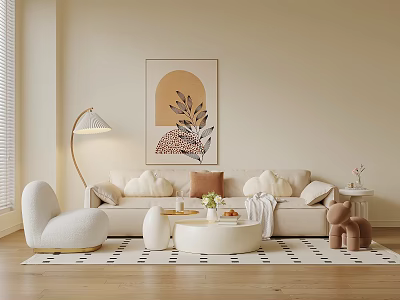 Stylish Beige Sofa Coffee Table Set with Throw Pillows Floor Lamp Wall Art and Rug 3d model