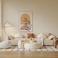 Stylish Beige Sofa Coffee Table Set with Throw Pillows Floor Lamp Wall Art and Rug