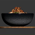 Colorful Mixed Dish with Chilies Peanuts in Black Bowl on Wooden Tray and Green Garnish
