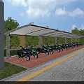 Covered Parking Lot With Motorcycles Red Brick Flooring And Green Trees Surroundings