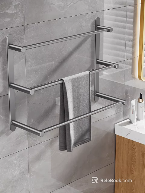 Modern Bathroom Interior With Stainless Steel Towel Rack Gray Towel Gray Tile Wall And Vanity 3d model 