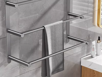Modern Bathroom Interior With Stainless Steel Towel Rack Gray Towel Gray Tile Wall And Vanity 3d model