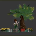 Cartoon Scene of Boy Painting with Easel Near Sunflowers Big Tree and Red Box