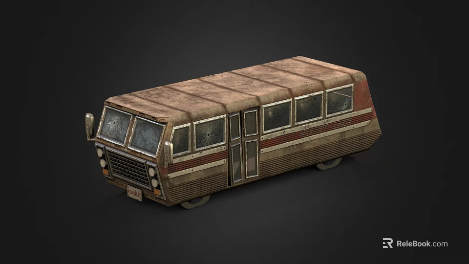 Rusty Old Brown Bus Exterior With Red Stripes And Square Windows 3d model 