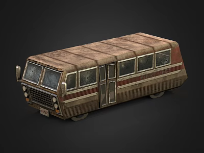 Rusty Old Brown Bus Exterior With Red Stripes And Square Windows 3d model