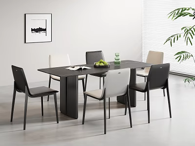 Modern Dining Set With Rectangular Table Black And Light Chairs Green Plant And Wall Art 3d model