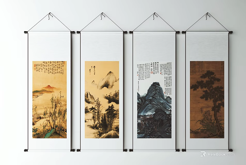 Four Traditional Chinese Landscape Scroll Paintings For Home Wall Art Decor 3d model 