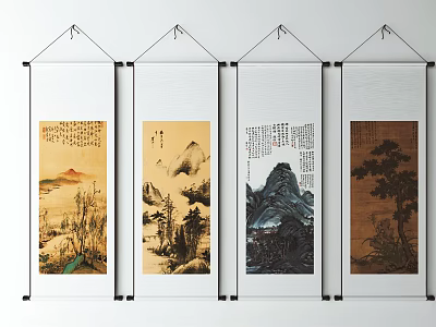 Four Traditional Chinese Landscape Scroll Paintings For Home Wall Art Decor 3d model