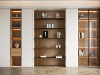 Elegant Modern Wooden Bookshelf With Open Layered Shelves And Decorative Ornaments 3d model