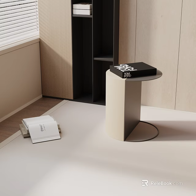Minimalist Modern Side Table In Light Beige With Round Top And Metal Base Near Black Shelf 3d model 
