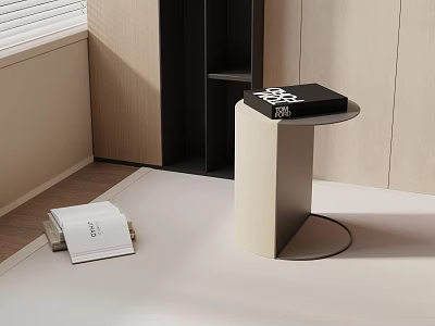 Minimalist Modern Side Table In Light Beige With Round Top And Metal Base Near Black Shelf 3d model