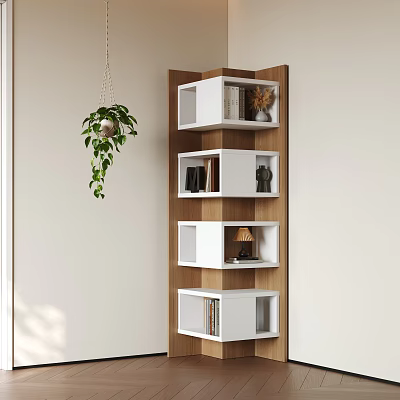 Modern Wooden And White Bookshelf With Cube Shelves Books Decorative Items And Hanging Plant 3d model