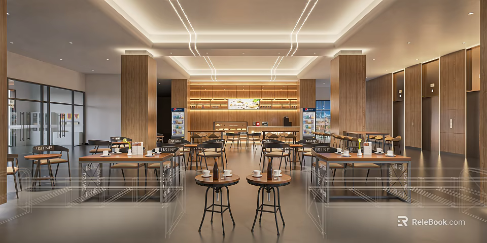 Modern Café Interior Design With Wooden Tables Chairs And Warm Lighting 3d model 
