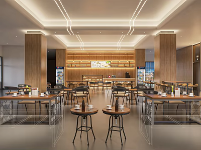 Modern Café Interior Design With Wooden Tables Chairs And Warm Lighting 3d model