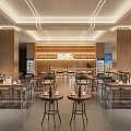 Modern Café Interior Design With Wooden Tables Chairs And Warm Lighting