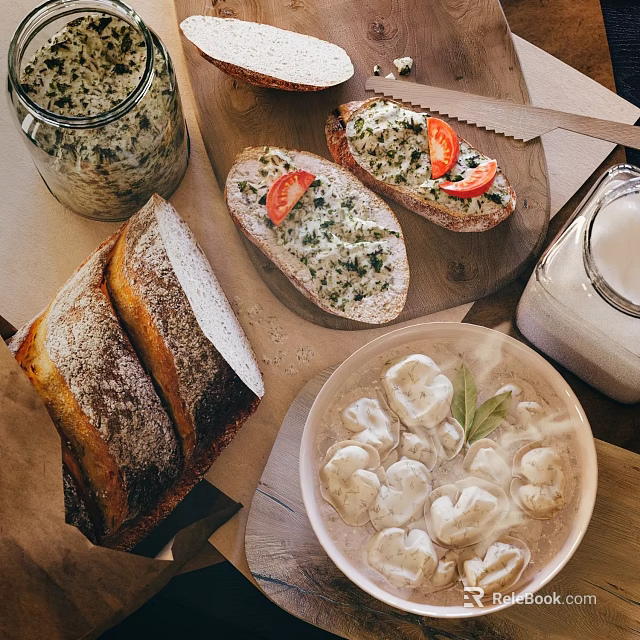 Fresh Homemade Bread Toast with Herb Spread Tomato Slices Served with Dumpling Soup and Milk 3d model 