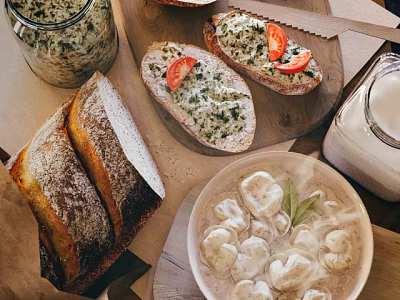 Fresh Homemade Bread Toast with Herb Spread Tomato Slices Served with Dumpling Soup and Milk 3d model
