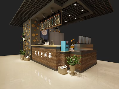 Oriental Style Milk Tea Shop With Wooden Counter Green Plants And Menu Boards 3d model
