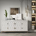 Elegant White Console Cabinet Sideboard With Geometric Pattern Gold Handles And Decorative Items 3d model