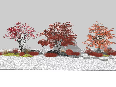 Red and Orange Leaf Trees in Garden with White Pebbles Small Shrubs and Stones 3d model