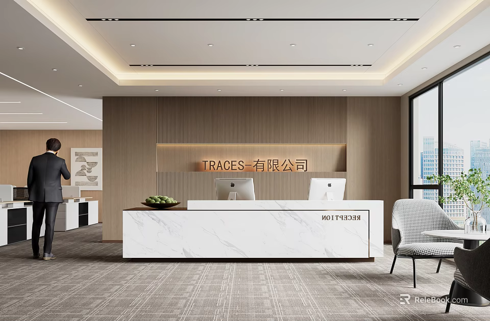 Modern Elegant Marble Reception Desk With Wooden Logo Wall For Bright Corporate Office Reception Space 3d model 