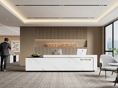 Modern Elegant Marble Reception Desk With Wooden Logo Wall For Bright Corporate Office Reception Space 3d model