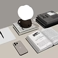 Modern Desktop Scene With Bulb Shaped Lamp Stacked Books Open Book Phone Notebook And Pen