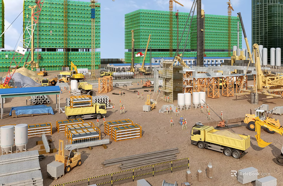 Industrial Factory Building Under Construction With Cranes Construction Trucks Scaffolding And Building Materials 3d model 