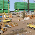 Industrial Factory Building Under Construction With Cranes Construction Trucks Scaffolding And Building Materials