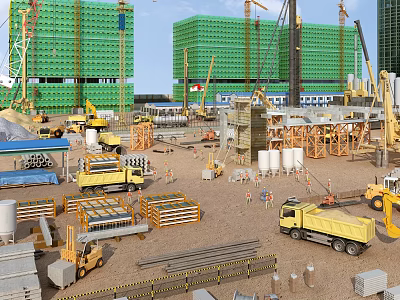 Industrial Factory Building Under Construction With Cranes Construction Trucks Scaffolding And Building Materials 3d model