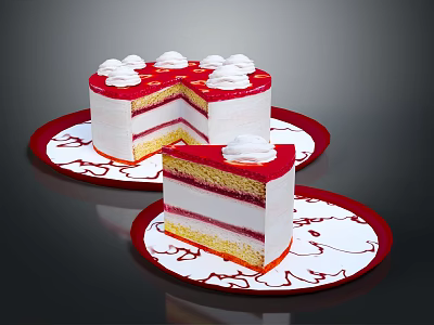 Layered White Cake With Red Cream And Sliced Piece On Decorative Plate 3d model