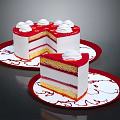 Layered White Cake With Red Cream And Sliced Piece On Decorative Plate