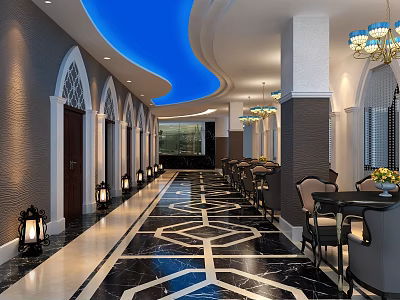 Elegant Restaurant Interior with Blue Curved Ceiling Arched Doors Chandeliers and Geometric Floor 3d model