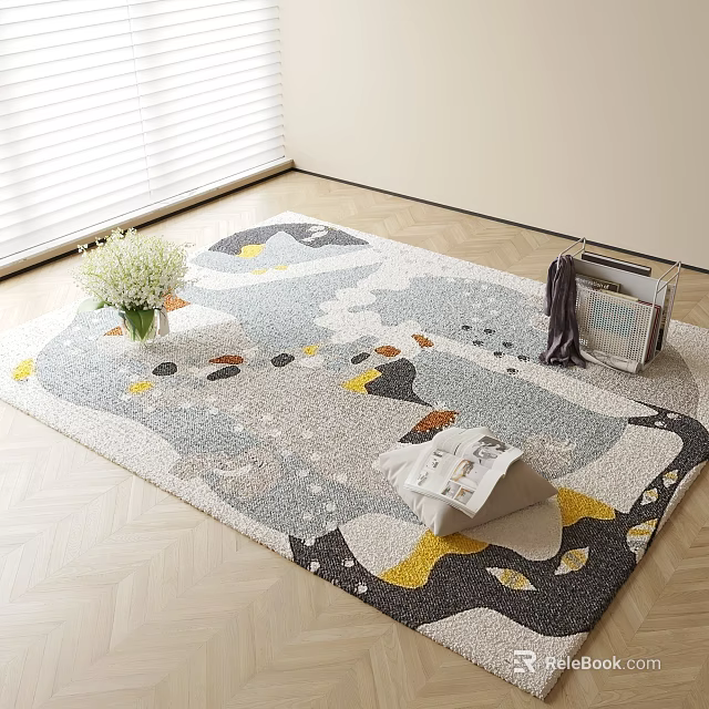 Modern Geometric Square Area Rug On Wooden Floor With Vase Magazines And Decor 3d model 