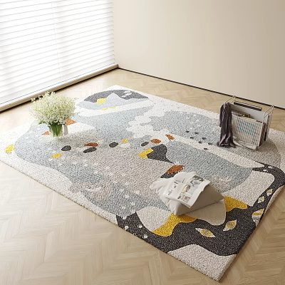 Modern Geometric Square Area Rug On Wooden Floor With Vase Magazines And Decor 3d model