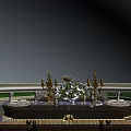 Dining Table Set Featuring Candle Holders Floral Arrangement Tableware in Outdoor Night with Railing Lighting