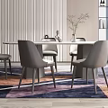 Modern Dining Room Featuring Rectangular Table Gray Chairs Hanging Pendant Lights Textured Wall And Rug 3d model