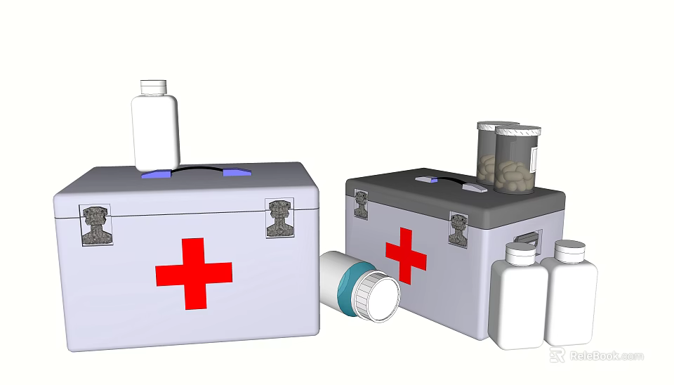 First Aid Kit With Red Cross Symbol And Medical Bottles Containers For Emergency 3d model 