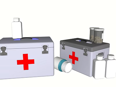 First Aid Kit With Red Cross Symbol And Medical Bottles Containers For Emergency 3d model