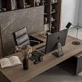 Modern Office Desk and Chair Set with Wooden Top Marble Background Bookshelves Computer and Lamp
